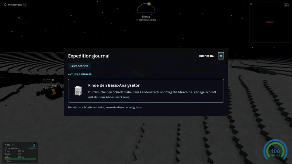 Das Expeditionsjournal mit aktueller Aufgabe und Tutorial-Schalter.