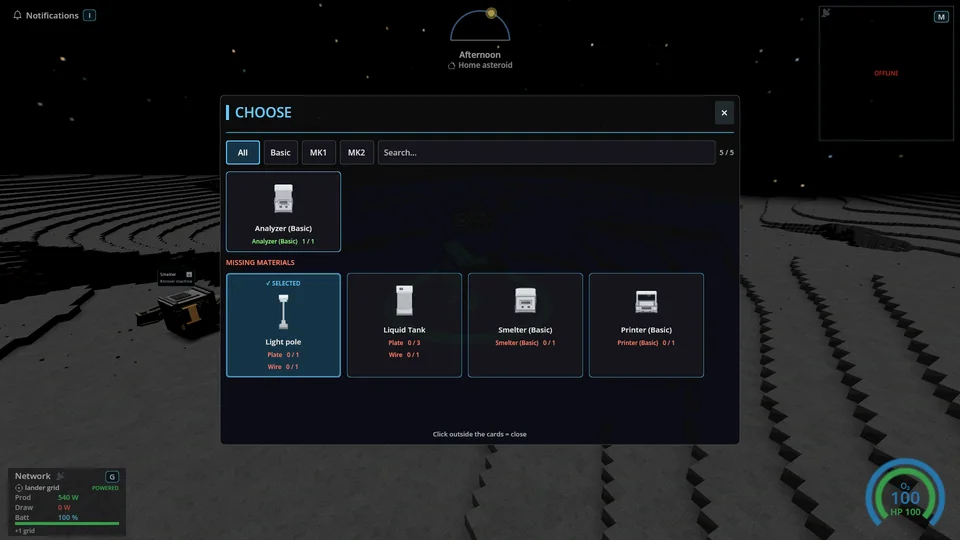 The building picker with available machines and material requirements.