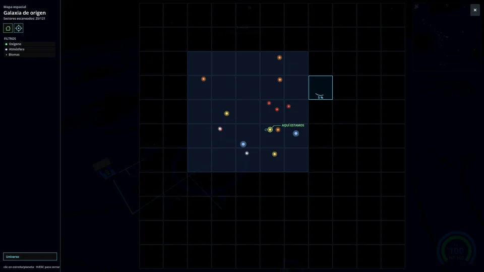 El mapa galáctico con sectores descubiertos, exploración y filtros de destinos.