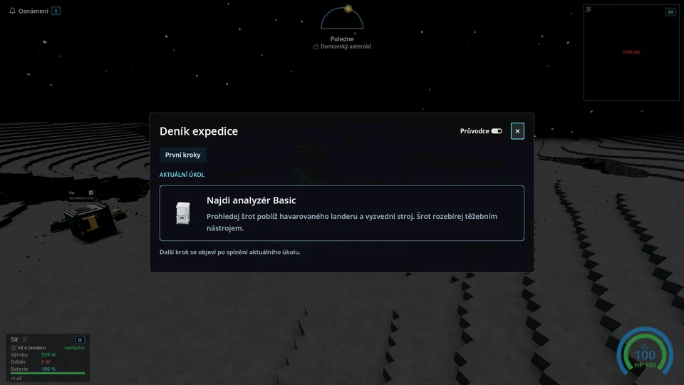 Deník expedice s aktuálním úkolem a přepínačem vedení.