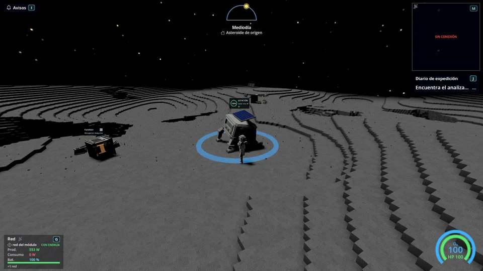 Un astronauta junto al módulo inicial y los indicadores del juego.