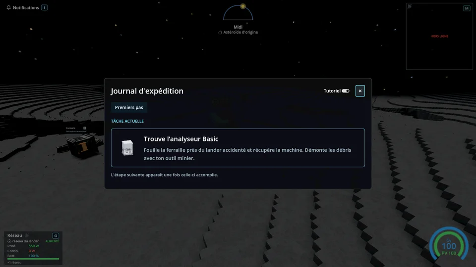 Le journal d’expédition avec la tâche actuelle et le bouton du tutoriel.