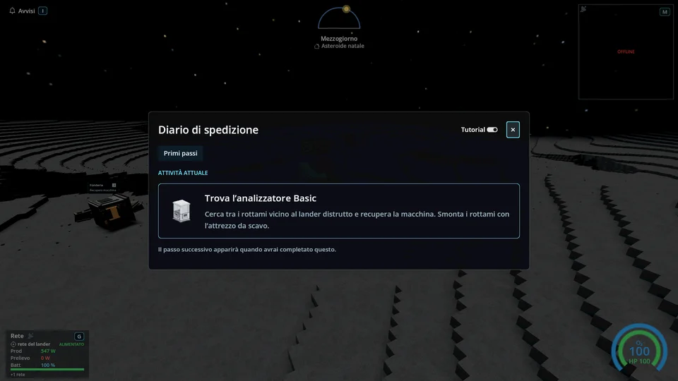 Il diario di spedizione con l’obiettivo attuale e l’interruttore del tutorial.