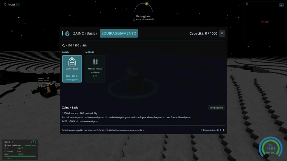 Equipaggiamento: zaino, protezione e moduli installati.