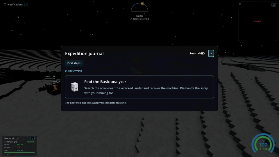The expedition journal with the current task and Tutorial switch.