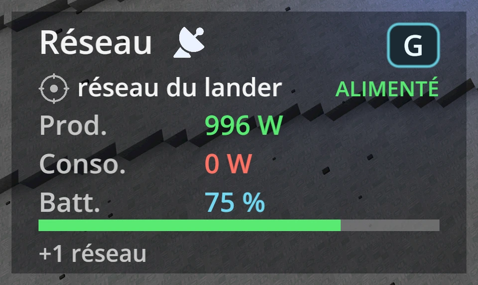 L’indicateur d’énergie en bas à gauche avec couverture satellite.