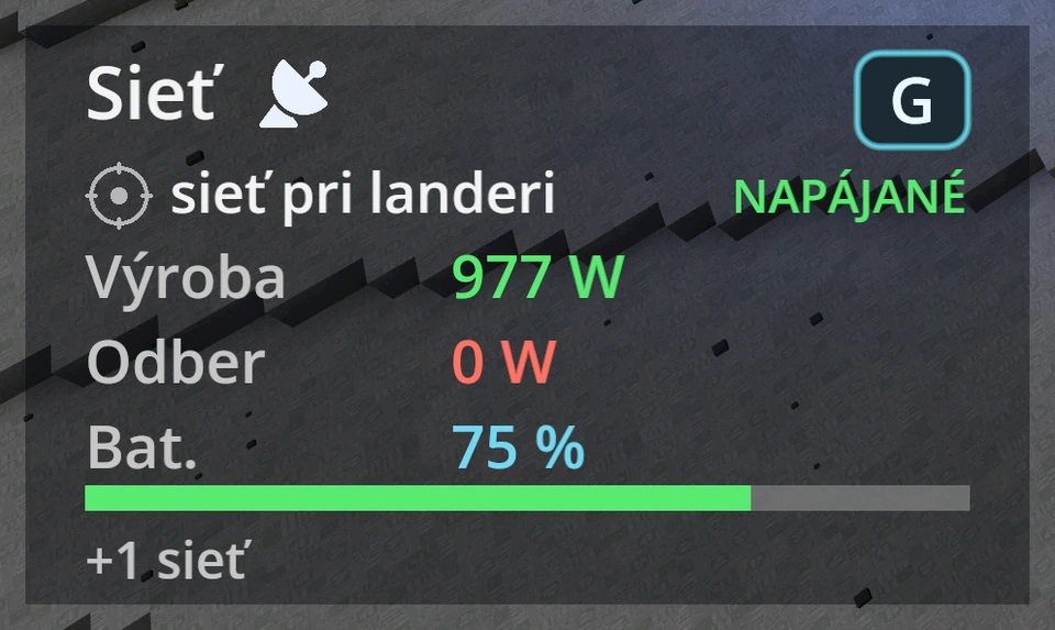 Ukazovateľ energie vľavo dole s pokrytím družicou.