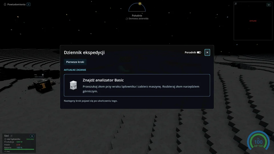 Dziennik ekspedycji z bieżącym zadaniem i przełącznikiem samouczka.