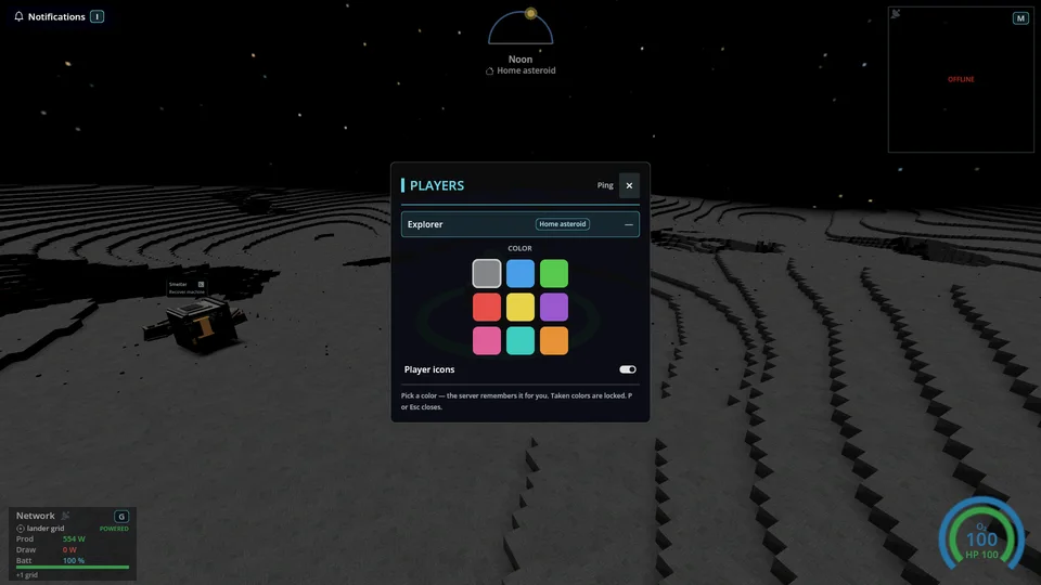 The player panel: colour palette and the Player icons switch.