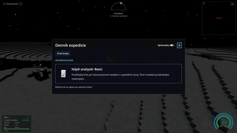Denník expedície s aktuálnou úlohou a prepínačom vedenia.