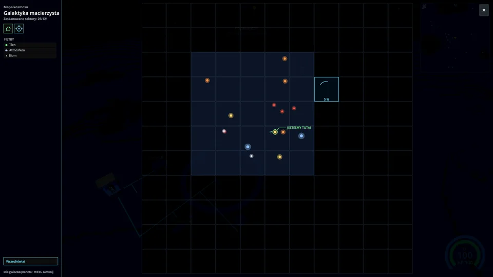 Mapa galaktyki z odkrytymi sektorami, skanowaniem i filtrami celów.