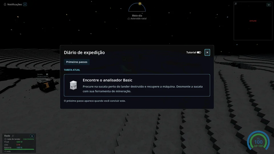 O diário de expedição com a tarefa atual e a opção de tutorial.
