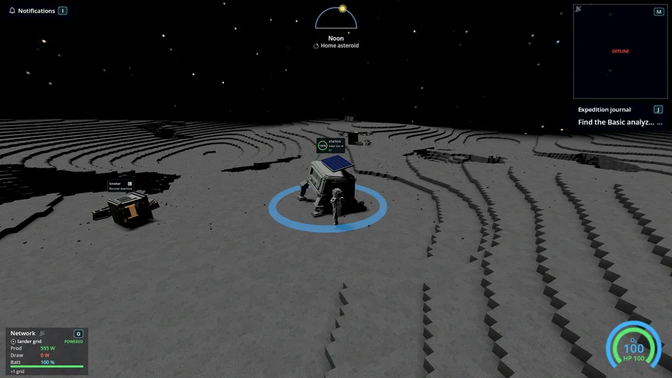 An astronaut at the starting lander, with the gameplay HUD.