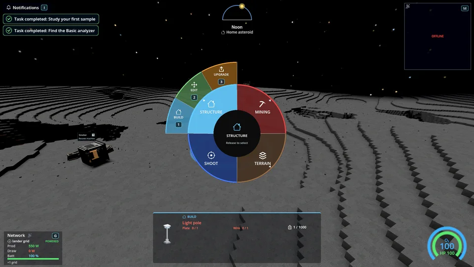 The radial tool menu: Mining, Terrain, Shoot and Structure.