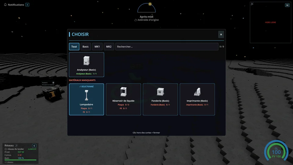 Le menu de construction avec les machines disponibles et les matériaux requis.