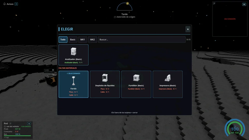 El selector de construcciones con máquinas disponibles y materiales necesarios.