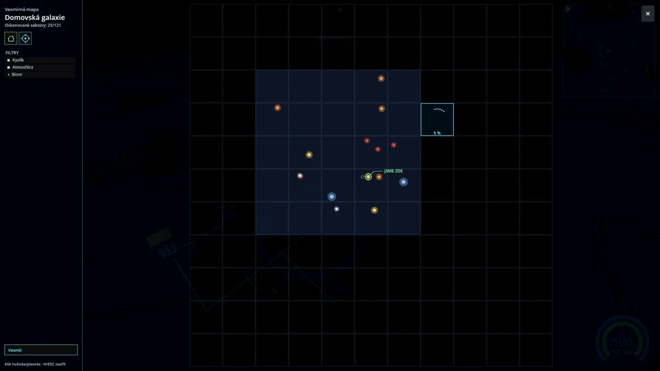 Mapa galaxie s odhalenými sektory, skenováním a filtry cílů.
