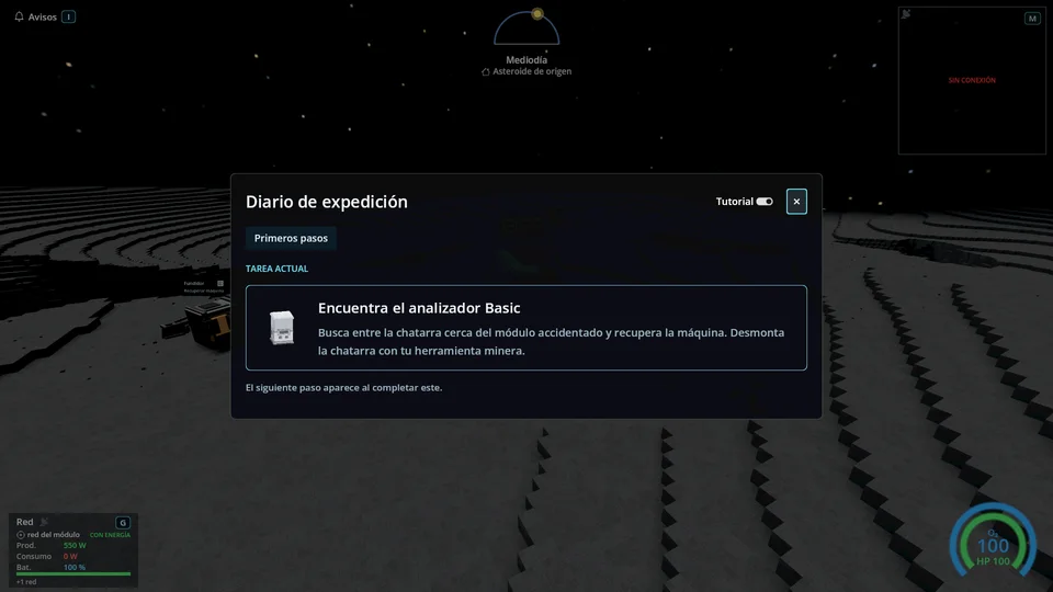 El diario de expedición con la tarea actual y el interruptor del tutorial.