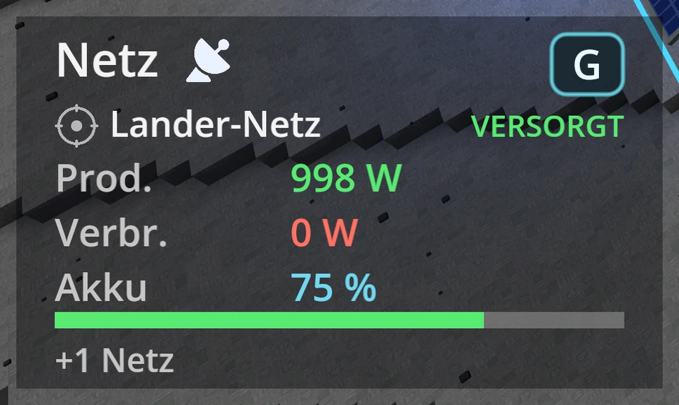 Die Energieanzeige unten links mit Satellitenabdeckung.